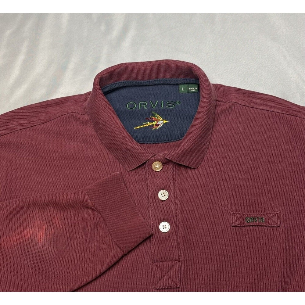 Orvis Mens Long Sleeve Pullover 1/4 Button Up Polo Shirt Large Red Maroon